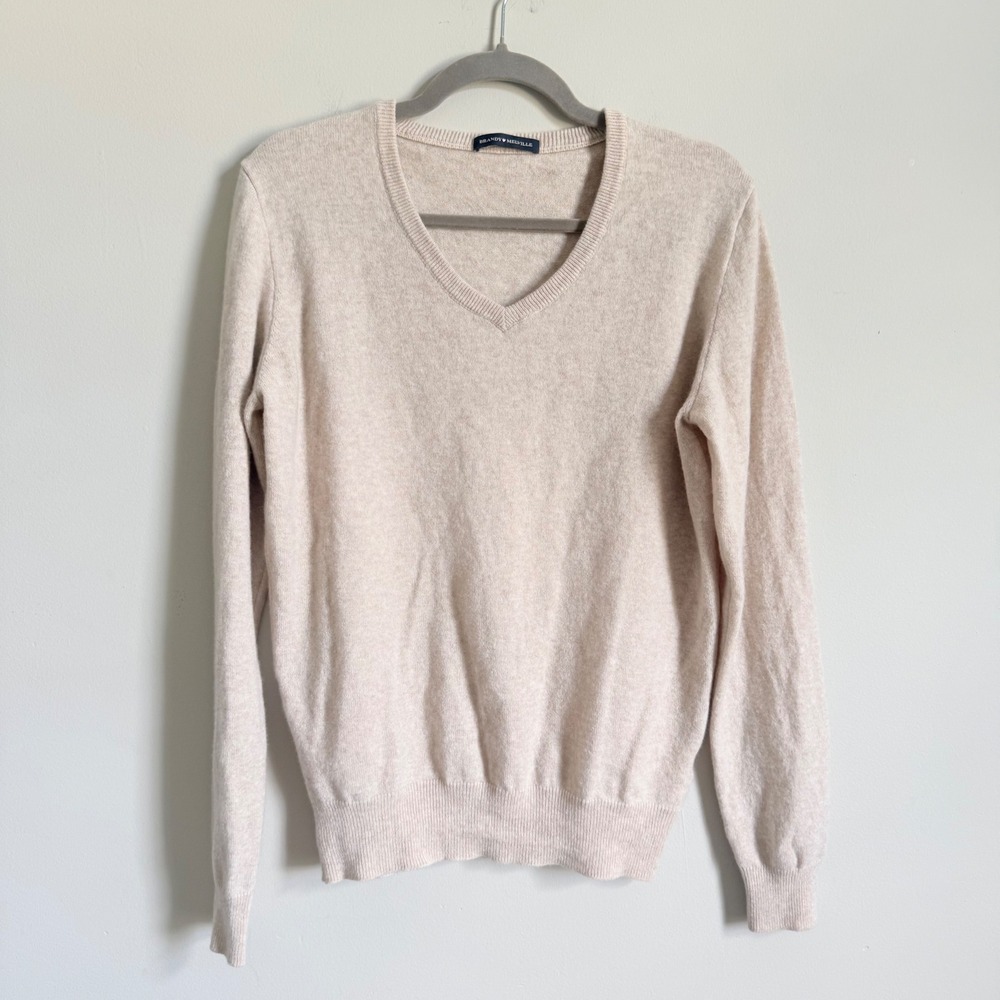 Brandy Melville Wool V-Neck Sweater Beige Oatmeal Knit Made in Italy One Size